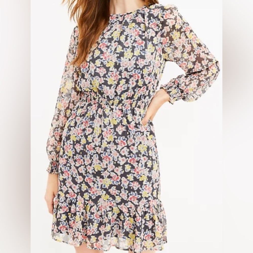 LOFT Shimmer Floral Smocked Flounce Dress (Size L)